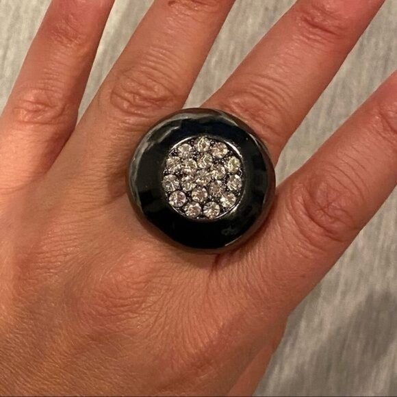 Bold Black Dome Ring With Clear Crystal Accents - Picture 3 of 5